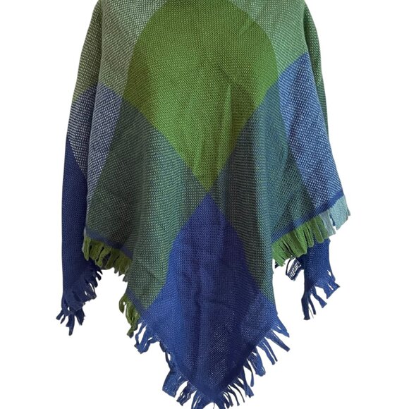 CHURCHILL Plaid Wool Poncho Cape Womens Fringe Blue Green Tweed Handwoven OSFM - Picture 1 of 9